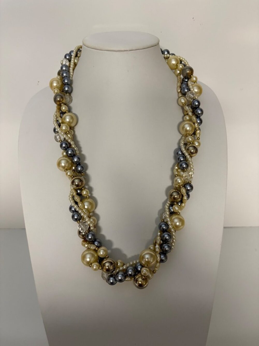 Vintage Multi-Strand Faux Pearl and Bead Necklace White Cream Gold Silver Beads